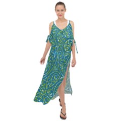 Abstract Blue Green Jungle Paisley Maxi Chiffon Cover Up Dress by SpinnyChairDesigns