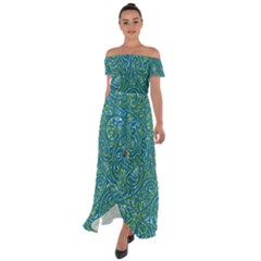 Abstract Blue Green Jungle Paisley Off Shoulder Open Front Chiffon Dress by SpinnyChairDesigns