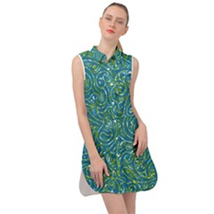 Abstract Blue Green Jungle Paisley Sleeveless Shirt Dress by SpinnyChairDesigns