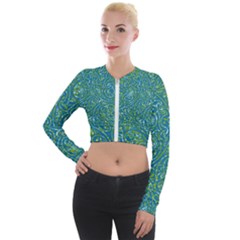 Abstract Blue Green Jungle Paisley Long Sleeve Cropped Velvet Jacket by SpinnyChairDesigns