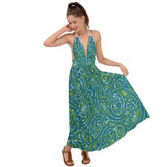 Abstract Blue Green Jungle Paisley Backless Maxi Beach Dress by SpinnyChairDesigns