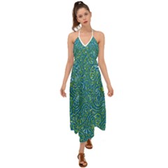 Abstract Blue Green Jungle Paisley Halter Tie Back Dress  by SpinnyChairDesigns