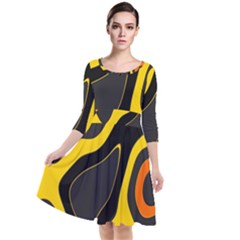 Yellow Black Orange Abstract Art Pattern Quarter Sleeve Waist Band Dress