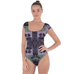 Chive Purple Black Abstract Art Pattern Short Sleeve Leotard  by SpinnyChairDesigns