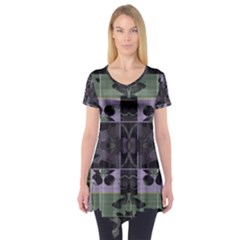 Chive Purple Black Abstract Art Pattern Short Sleeve Tunic  by SpinnyChairDesigns