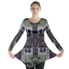 Chive Purple Black Abstract Art Pattern Long Sleeve Tunic  by SpinnyChairDesigns