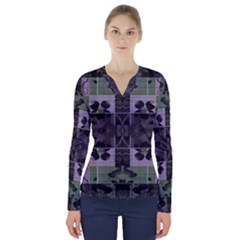 Chive Purple Black Abstract Art Pattern V-neck Long Sleeve Top by SpinnyChairDesigns