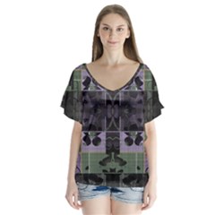 Chive Purple Black Abstract Art Pattern V-neck Flutter Sleeve Top by SpinnyChairDesigns