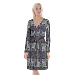 Chive Purple Black Abstract Art Pattern Long Sleeve Velvet Front Wrap Dress