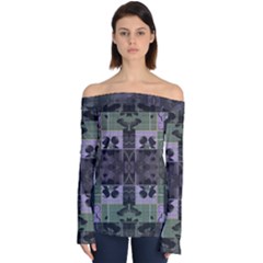 Chive Purple Black Abstract Art Pattern Off Shoulder Long Sleeve Top by SpinnyChairDesigns