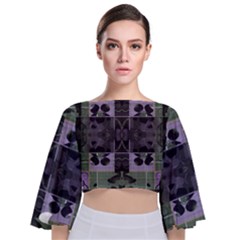 Chive Purple Black Abstract Art Pattern Tie Back Butterfly Sleeve Chiffon Top by SpinnyChairDesigns