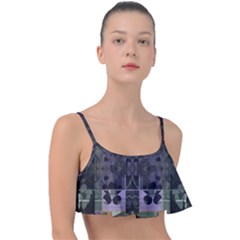 Chive Purple Black Abstract Art Pattern Frill Bikini Top by SpinnyChairDesigns