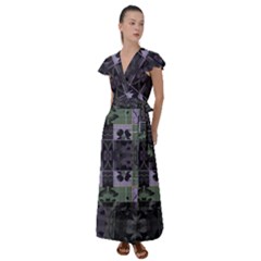 Chive Purple Black Abstract Art Pattern Flutter Sleeve Maxi Dress by SpinnyChairDesigns