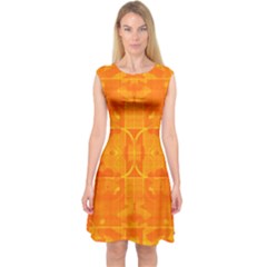 Orange Peel Abstract Batik Pattern Capsleeve Midi Dress by SpinnyChairDesigns