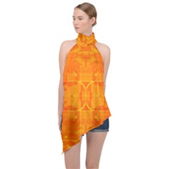 Orange Peel Abstract Batik Pattern Halter Asymmetric Satin Top by SpinnyChairDesigns