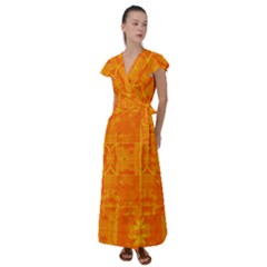 Orange Peel Abstract Batik Pattern Flutter Sleeve Maxi Dress by SpinnyChairDesigns