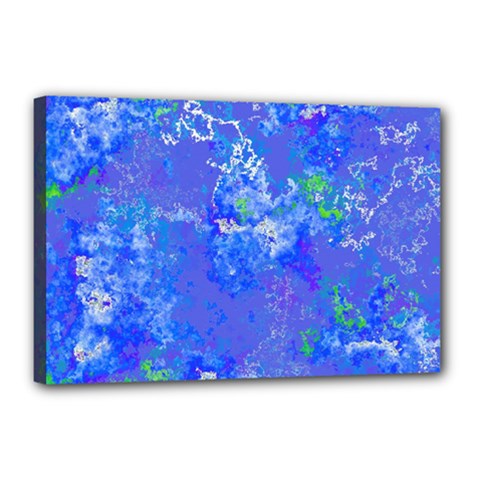 Bright Blue Paint Splatters Canvas 18  X 12  (stretched) by SpinnyChairDesigns