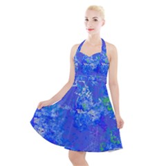 Bright Blue Paint Splatters Halter Party Swing Dress  by SpinnyChairDesigns