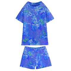 Bright Blue Paint Splatters Kids  Swim Tee And Shorts Set by SpinnyChairDesigns