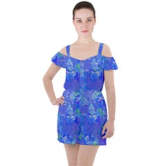 Bright Blue Paint Splatters Ruffle Cut Out Chiffon Playsuit by SpinnyChairDesigns