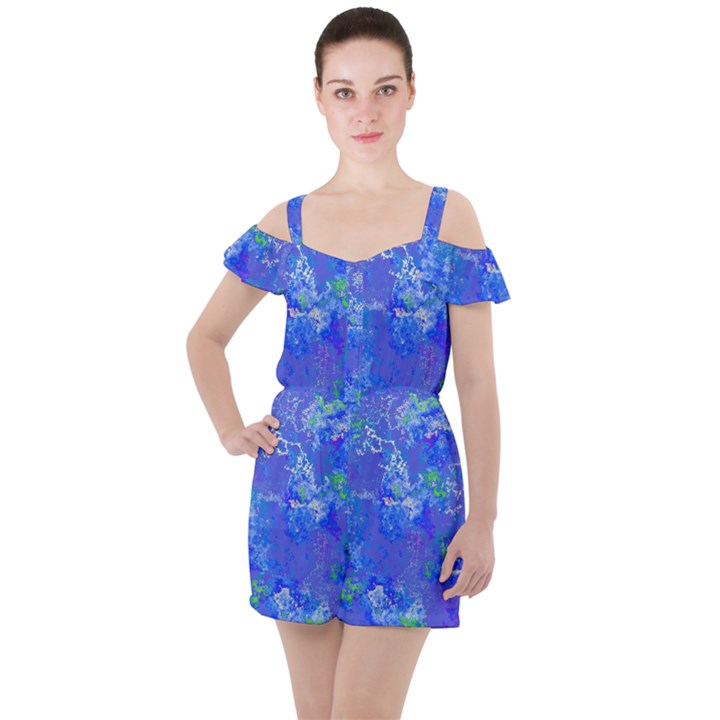 Bright Blue Paint Splatters Ruffle Cut Out Chiffon Playsuit