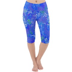 Bright Blue Paint Splatters Lightweight Velour Cropped Yoga Leggings by SpinnyChairDesigns