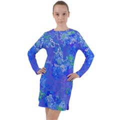 Bright Blue Paint Splatters Long Sleeve Hoodie Dress by SpinnyChairDesigns