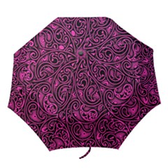 Hot Pink And Black Paisley Swirls Folding Umbrellas by SpinnyChairDesigns