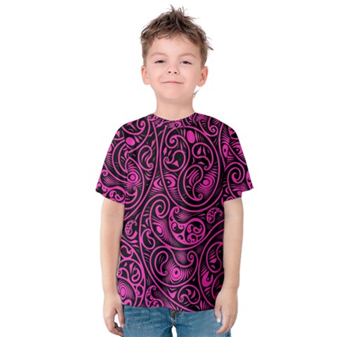 Hot Pink And Black Paisley Swirls Kids  Cotton Tee by SpinnyChairDesigns