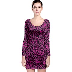 Hot Pink And Black Paisley Swirls Long Sleeve Bodycon Dress by SpinnyChairDesigns