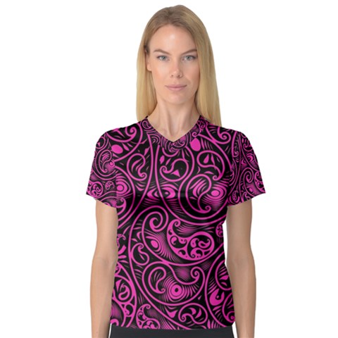 Hot Pink And Black Paisley Swirls V-neck Sport Mesh Tee by SpinnyChairDesigns