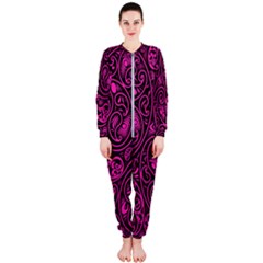 Hot Pink And Black Paisley Swirls Onepiece Jumpsuit (ladies)  by SpinnyChairDesigns