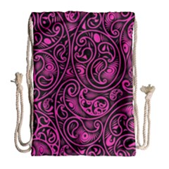 Hot Pink And Black Paisley Swirls Drawstring Bag (large) by SpinnyChairDesigns