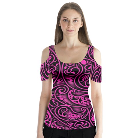 Hot Pink And Black Paisley Swirls Butterfly Sleeve Cutout Tee  by SpinnyChairDesigns