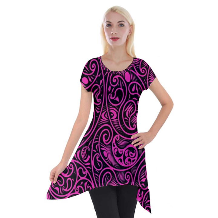 Hot Pink and Black Paisley Swirls Short Sleeve Side Drop Tunic