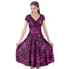 Hot Pink And Black Paisley Swirls Cap Sleeve Wrap Front Dress by SpinnyChairDesigns