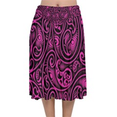 Hot Pink And Black Paisley Swirls Velvet Flared Midi Skirt by SpinnyChairDesigns