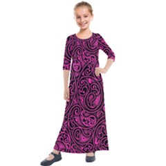 Hot Pink And Black Paisley Swirls Kids  Quarter Sleeve Maxi Dress by SpinnyChairDesigns