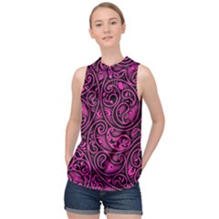 Hot Pink And Black Paisley Swirls High Neck Satin Top by SpinnyChairDesigns