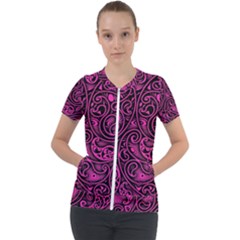 Hot Pink And Black Paisley Swirls Short Sleeve Zip Up Jacket by SpinnyChairDesigns