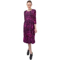 Hot Pink And Black Paisley Swirls Ruffle End Midi Chiffon Dress by SpinnyChairDesigns