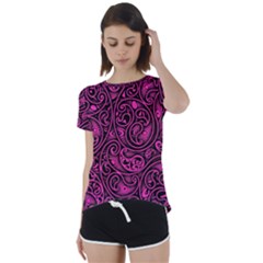 Hot Pink And Black Paisley Swirls Short Sleeve Foldover Tee by SpinnyChairDesigns