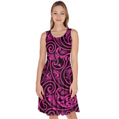 Hot Pink And Black Paisley Swirls Knee Length Skater Dress With Pockets by SpinnyChairDesigns