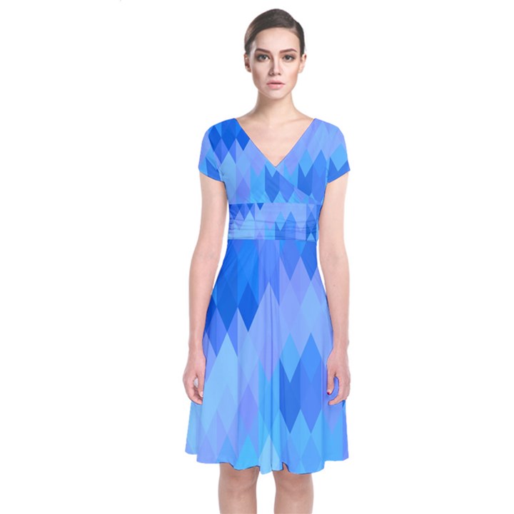 Aqua Blue Diamond Pattern Short Sleeve Front Wrap Dress