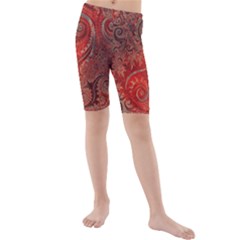 Scarlet Red Grey Brown Swirls Spirals Kids  Mid Length Swim Shorts by SpinnyChairDesigns