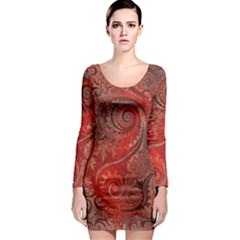 Scarlet Red Grey Brown Swirls Spirals Long Sleeve Bodycon Dress by SpinnyChairDesigns