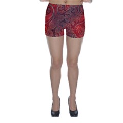 Scarlet Red Grey Brown Swirls Spirals Skinny Shorts by SpinnyChairDesigns