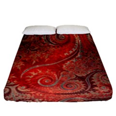 Scarlet Red Grey Brown Swirls Spirals Fitted Sheet (queen Size) by SpinnyChairDesigns