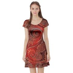 Scarlet Red Grey Brown Swirls Spirals Short Sleeve Skater Dress by SpinnyChairDesigns