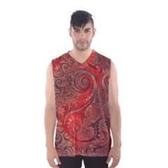 Scarlet Red Grey Brown Swirls Spirals Men s Basketball Tank Top by SpinnyChairDesigns